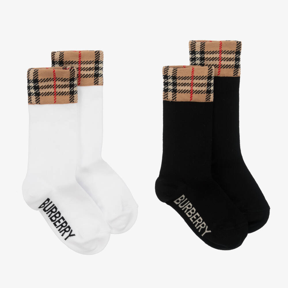 Burberry-Boys Black & White Check Socks Duo | Childrensalon Outlet