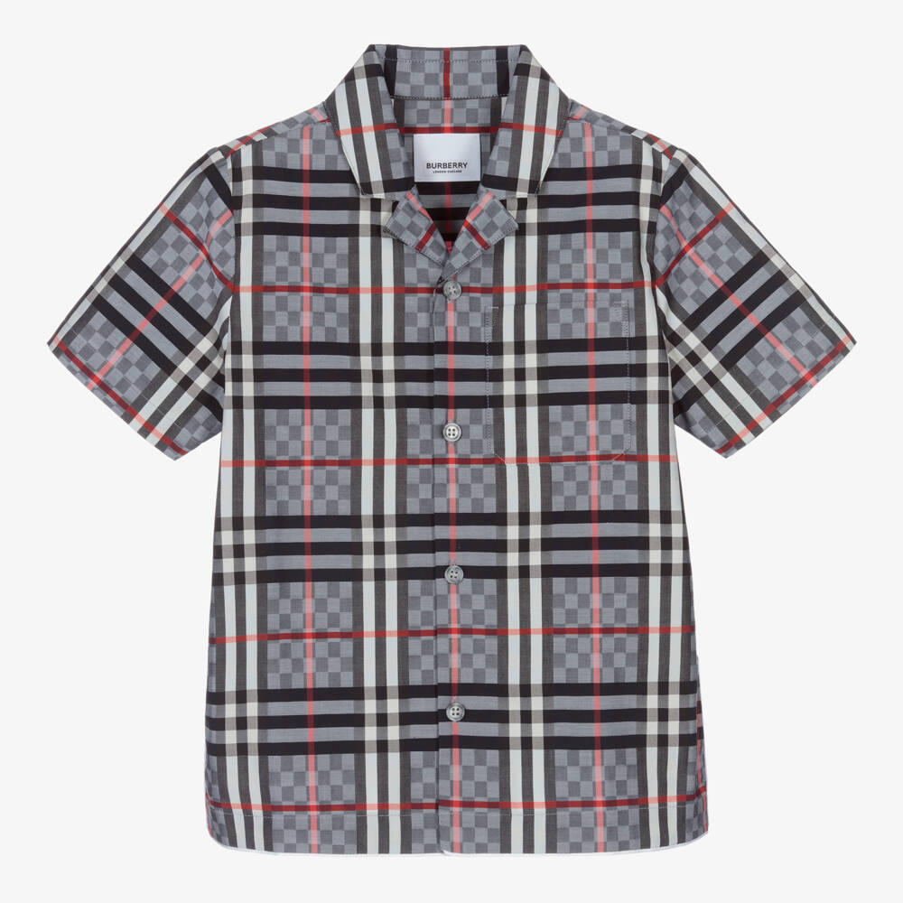 Burberry-قميص مزيج قطن لون أزرق-رمادي للأولاد | Childrensalon Outlet