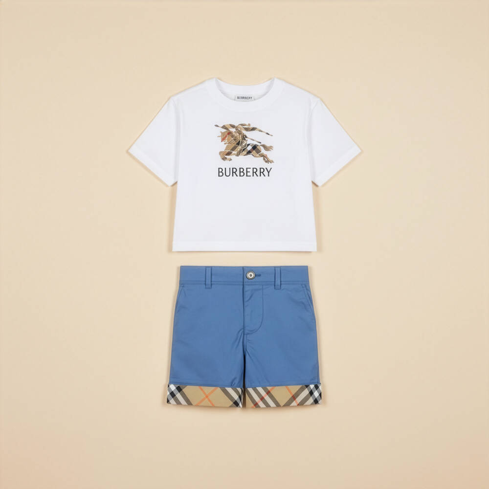 Burberry-Boys Blue Cotton Twill Shorts with Beige Check Turn-Ups | Childrensalon Outlet