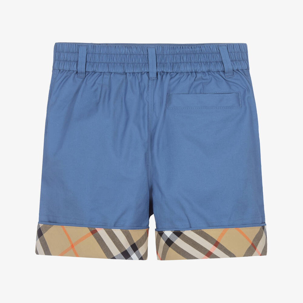 Burberry-Boys Blue Cotton Twill Shorts with Beige Check Turn-Ups | Childrensalon Outlet