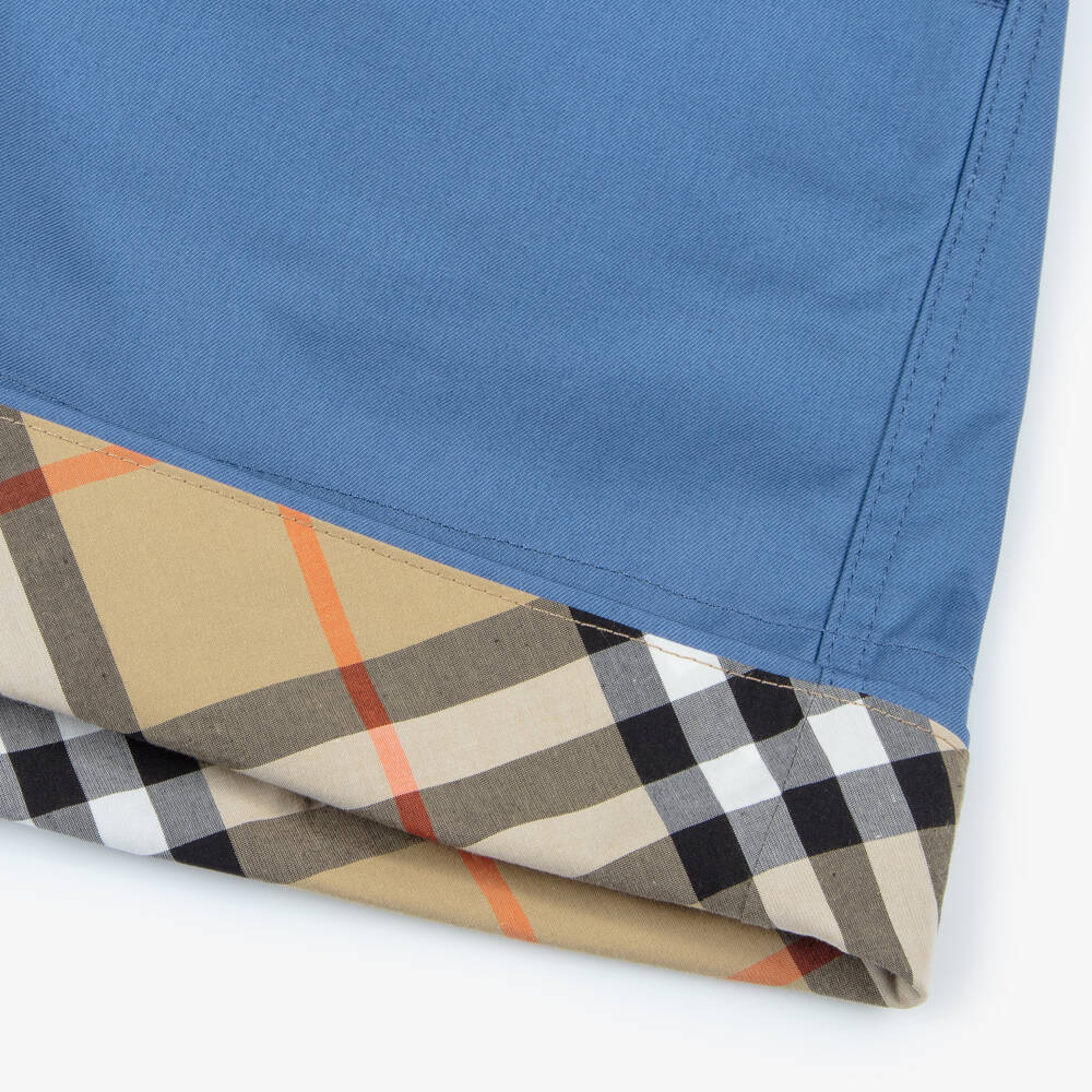 Burberry-Boys Blue Cotton Twill Shorts with Beige Check Turn-Ups | Childrensalon Outlet