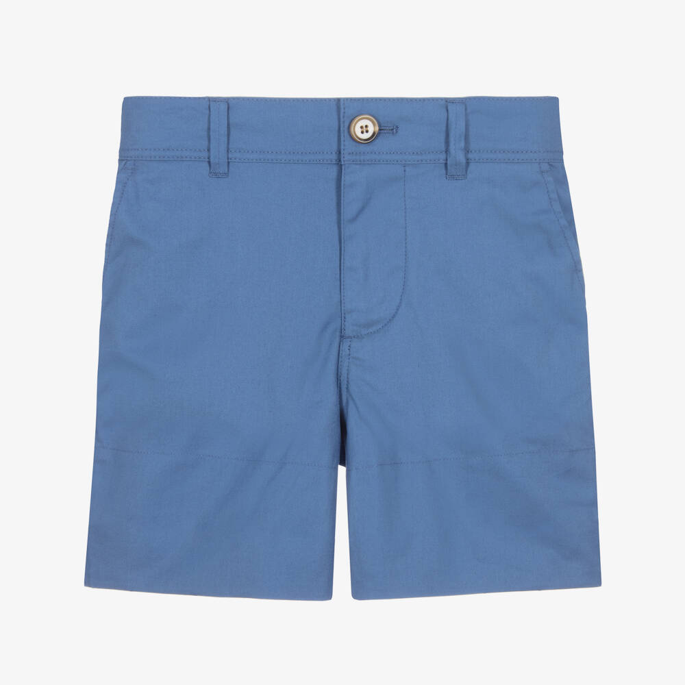 Burberry-Boys Blue Cotton Twill Shorts with Beige Check Turn-Ups | Childrensalon Outlet