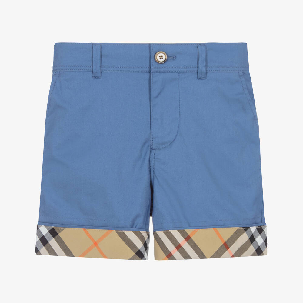 Burberry-Boys Blue Cotton Twill Shorts with Beige Check Turn-Ups | Childrensalon Outlet