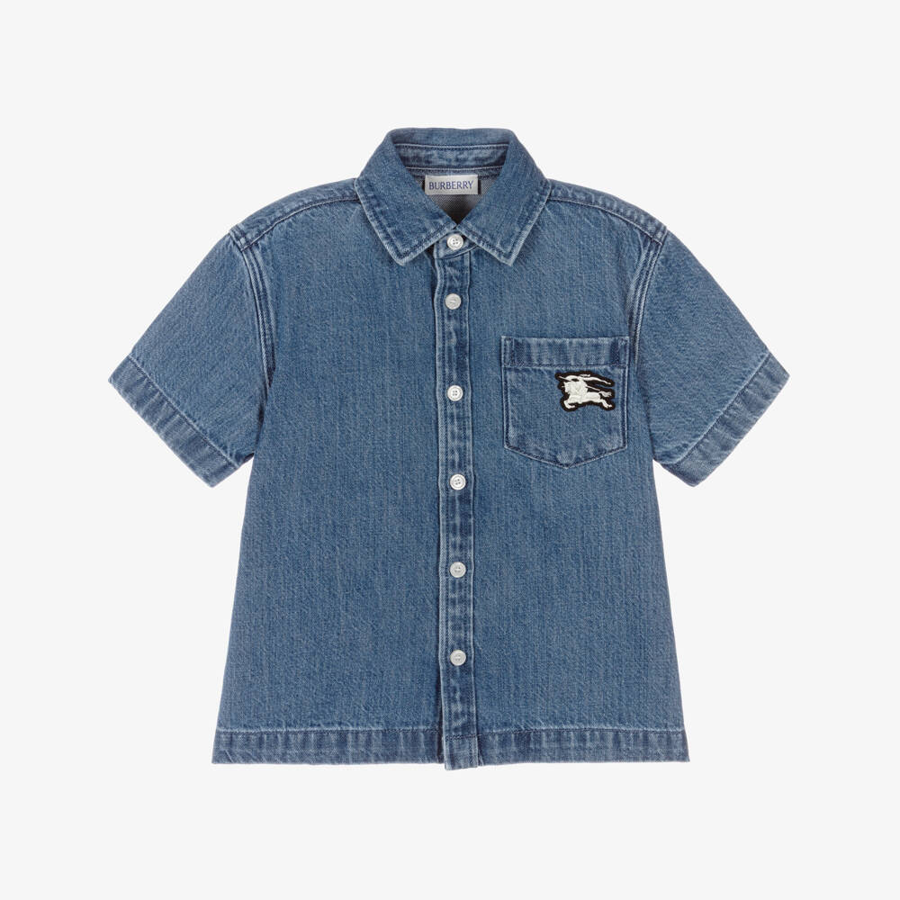 Burberry-Boys Blue Denim Shirt with Equestrian Knight Design Logo | Childrensalon Outlet