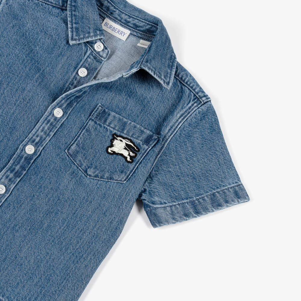 Burberry-Boys Blue Denim Shirt with Equestrian Knight Design Logo | Childrensalon Outlet