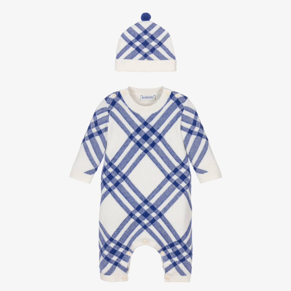 Burberry-طقم رومبر صوفي بنقشة مربعات زرقاء للأولاد | Childrensalon Outlet