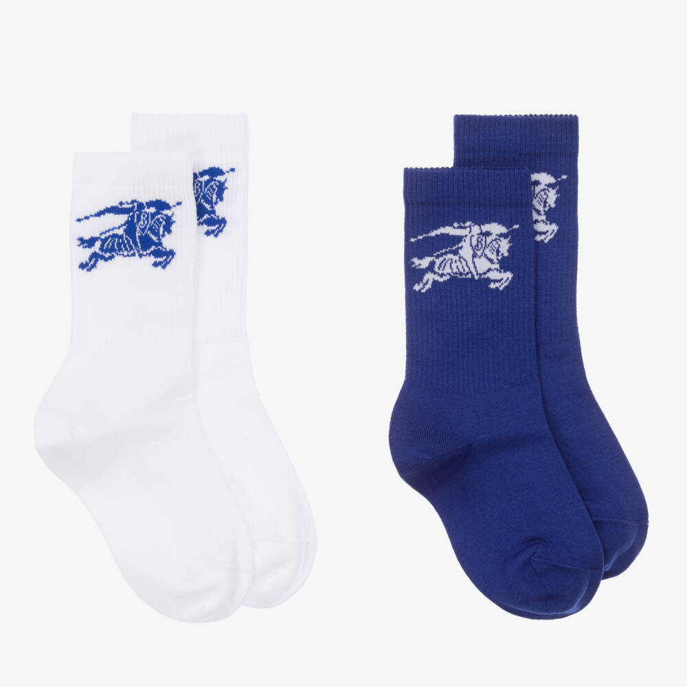 Burberry-Boys Blue White Logo Socks Duo | Childrensalon Outlet