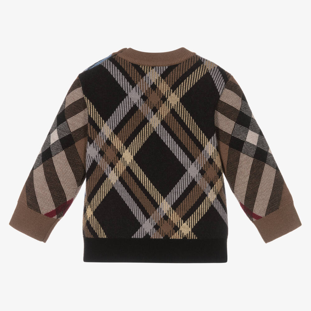 Burberry-بلوفر مزيج صوف محبوك كاروهات لون أزرق وبني | Childrensalon Outlet