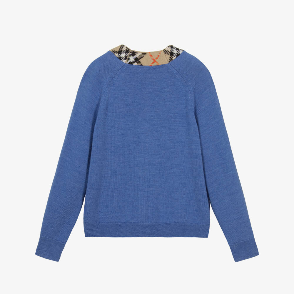 Burberry-Boys Blue Wool Cardigan with Check Trim | Childrensalon Outlet