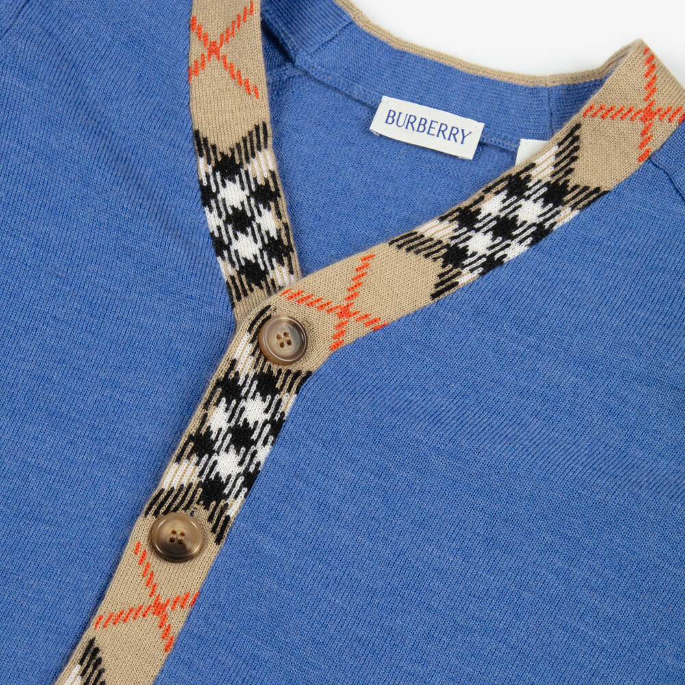 Burberry-Boys Blue Wool Cardigan with Check Trim | Childrensalon Outlet