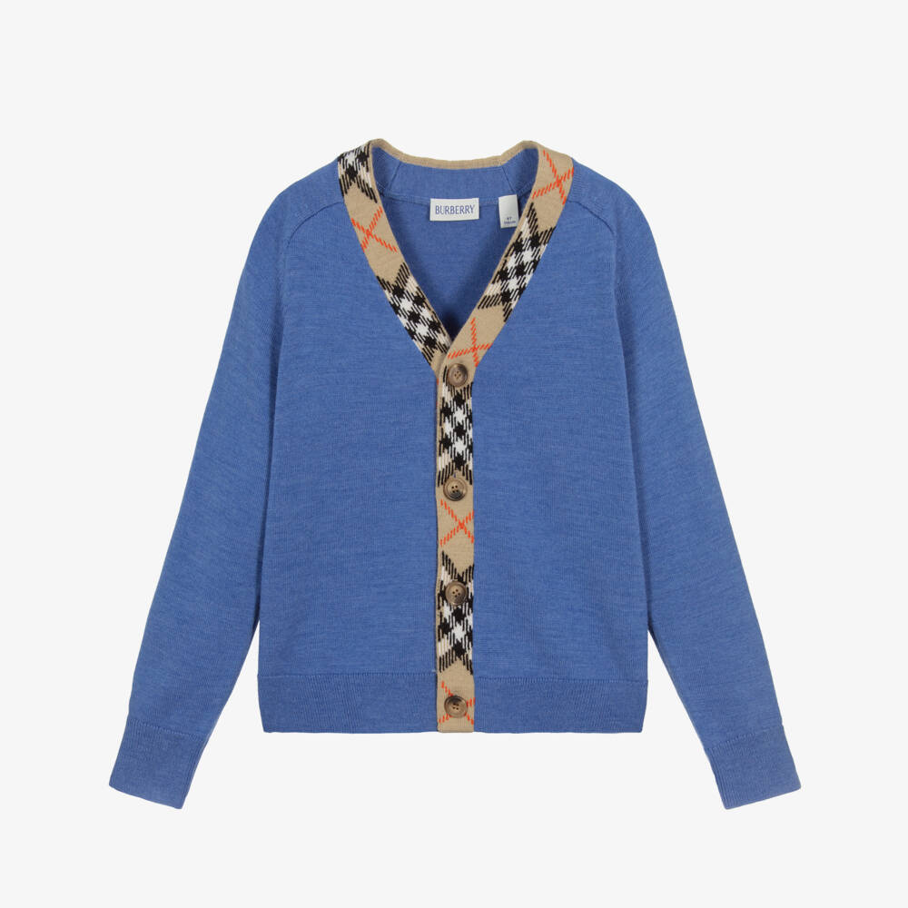 Burberry-Boys Blue Wool Cardigan with Check Trim | Childrensalon Outlet