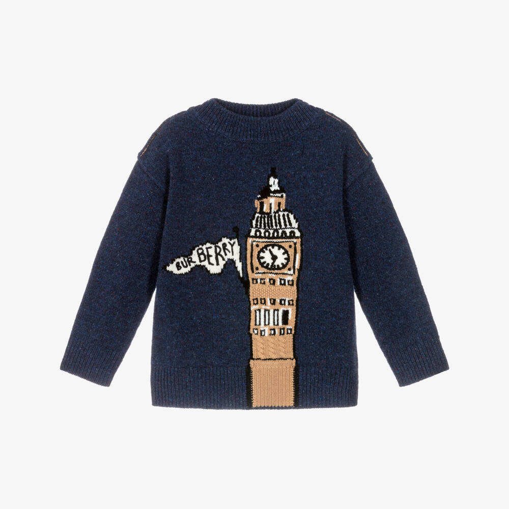 Burberry-Boys Blue Wool Knit Sweater with Big Ben Graphic | Childrensalon Outlet