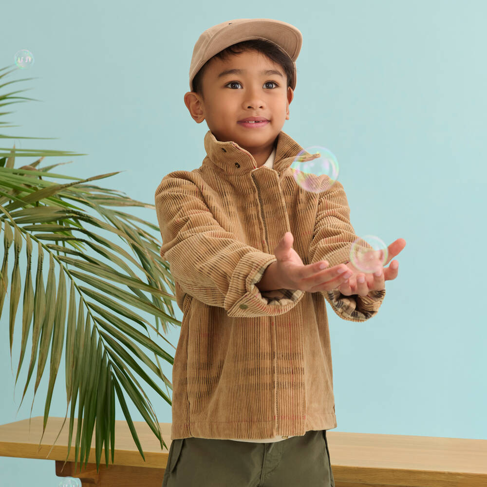 Burberry-Boys Camel Check Cord Jacket | Childrensalon Outlet