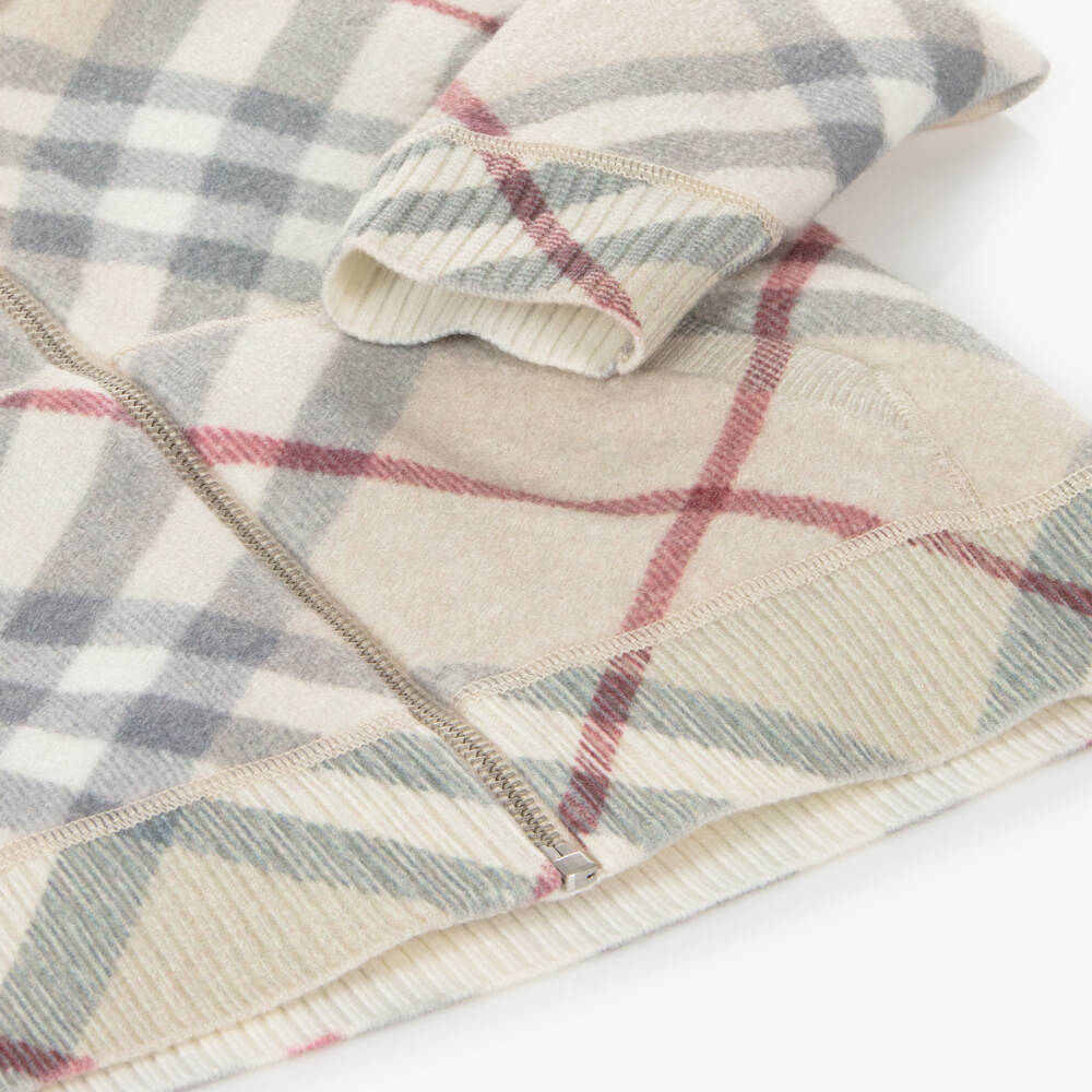 Burberry-هودي بسحاب كاروهات صوف لون بيج للأولاد | Childrensalon Outlet