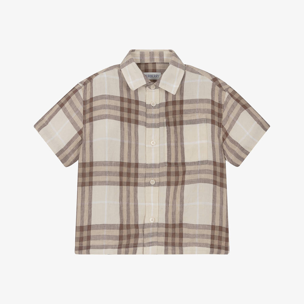 Burberry-قميص كلاسيكي من الكتان العاجي بنقشة مربعات للأولاد | Childrensalon Outlet