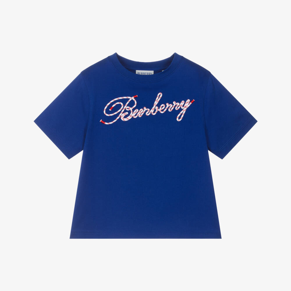 Burberry-تي شيرت قطن أزرق بشعار للأولاد | Childrensalon Outlet