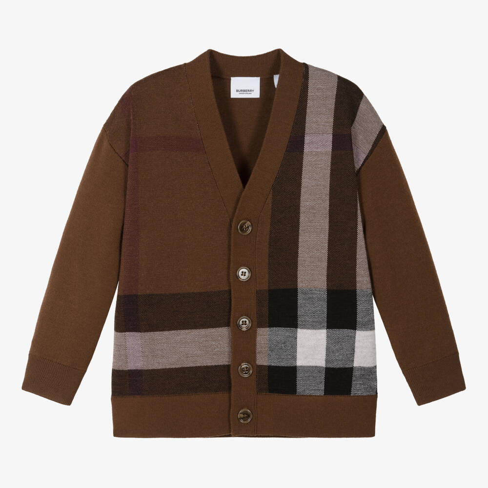 Burberry-كارديغان صوف محبوك بلون البتولا الداكن للأولاد | Childrensalon Outlet