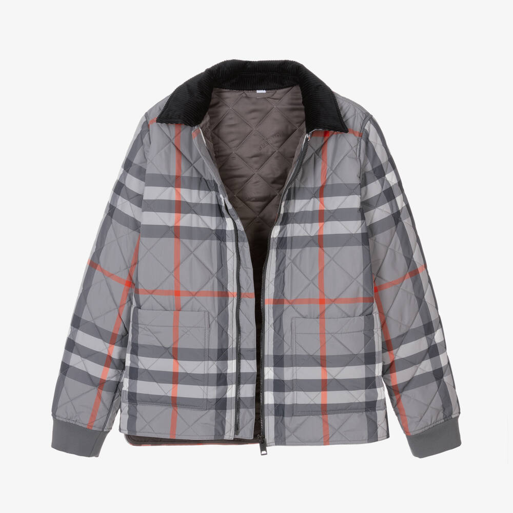 Burberry-Серое стеганое пальто в клетку для мальчиков | Childrensalon Outlet