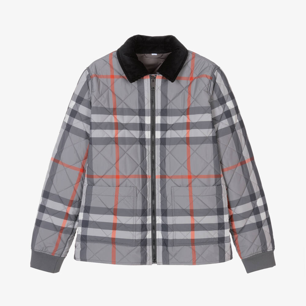 Burberry-Boys Grey Plaid Quilted Coat | Childrensalon Outlet