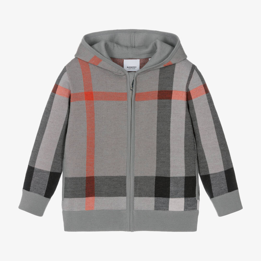 Burberry-قميص صوفي بغطاء رأس وسحاب بنقشة مربعات للأولاد | Childrensalon Outlet