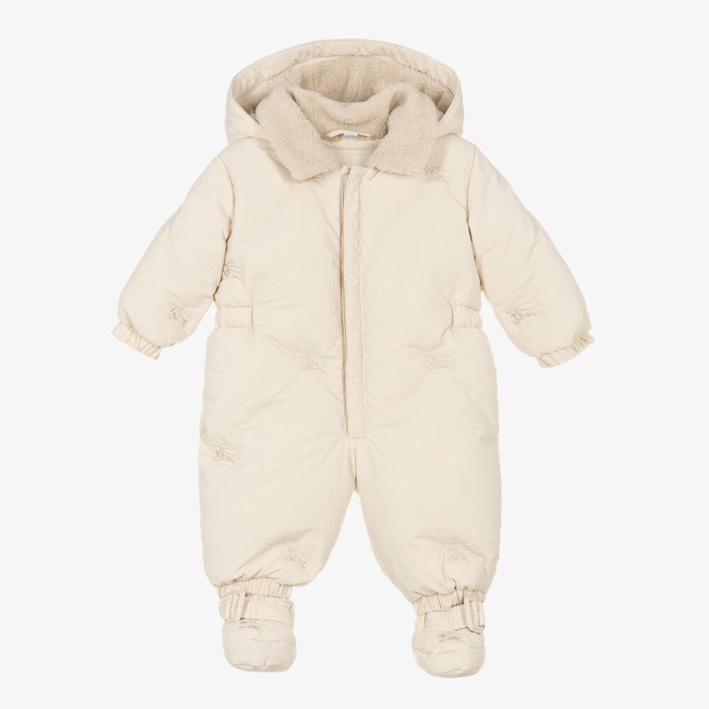 Burberry-Кремовый зимний пуховой комбинезон EKD для малышей | Childrensalon Outlet