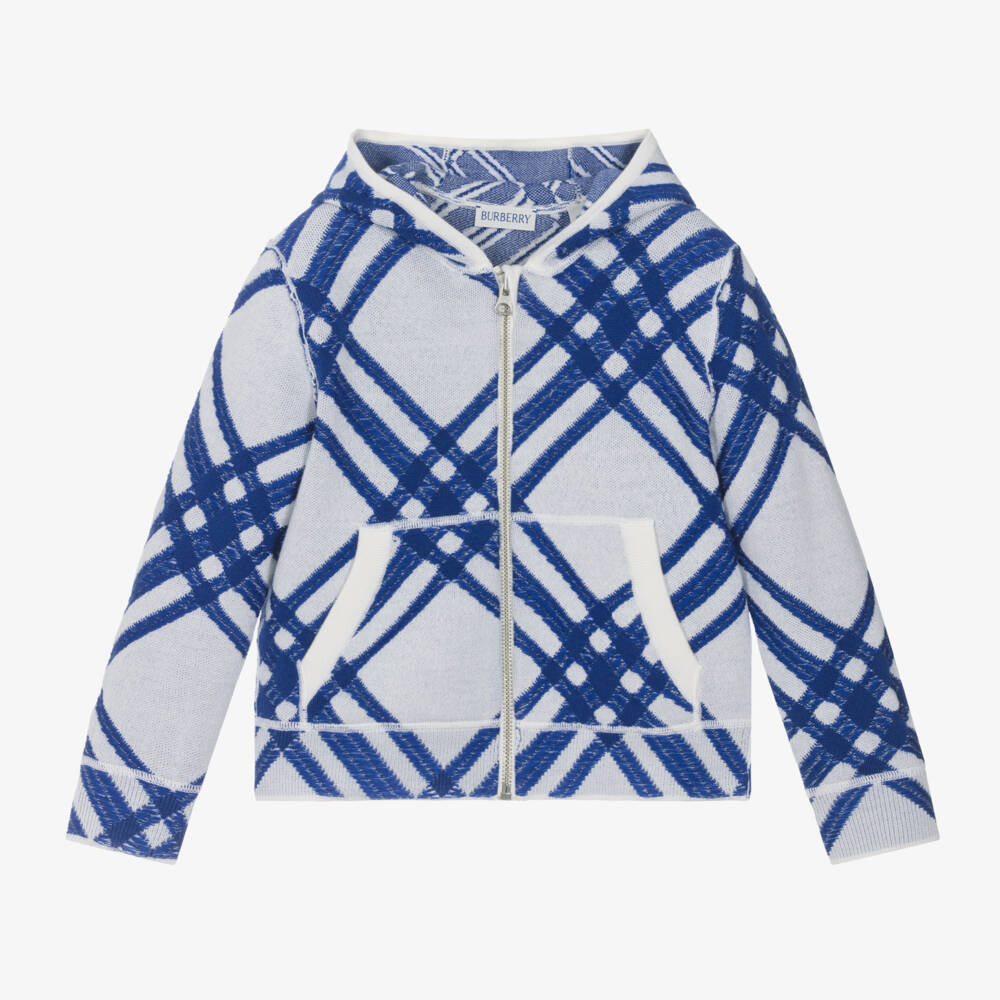 Burberry-Boys Knit Blue Check Hoodie | Childrensalon Outlet