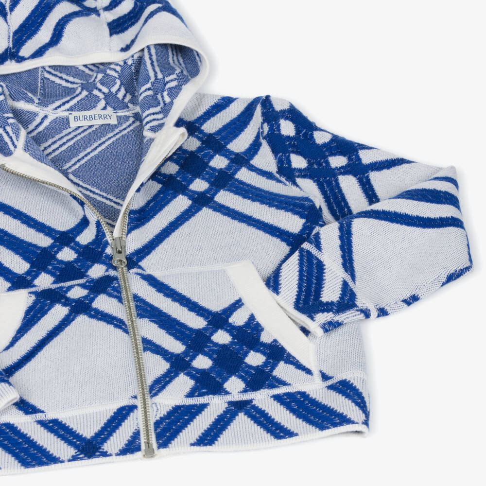 Burberry-توب هودي بسحاب كاروهات صوف محبوك لون أزرق للأولاد | Childrensalon Outlet