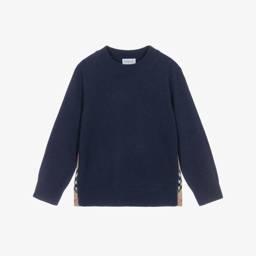 Burberry-Boys Navy Blue Check Elbow Patch Wool Jumper | Childrensalon Outlet