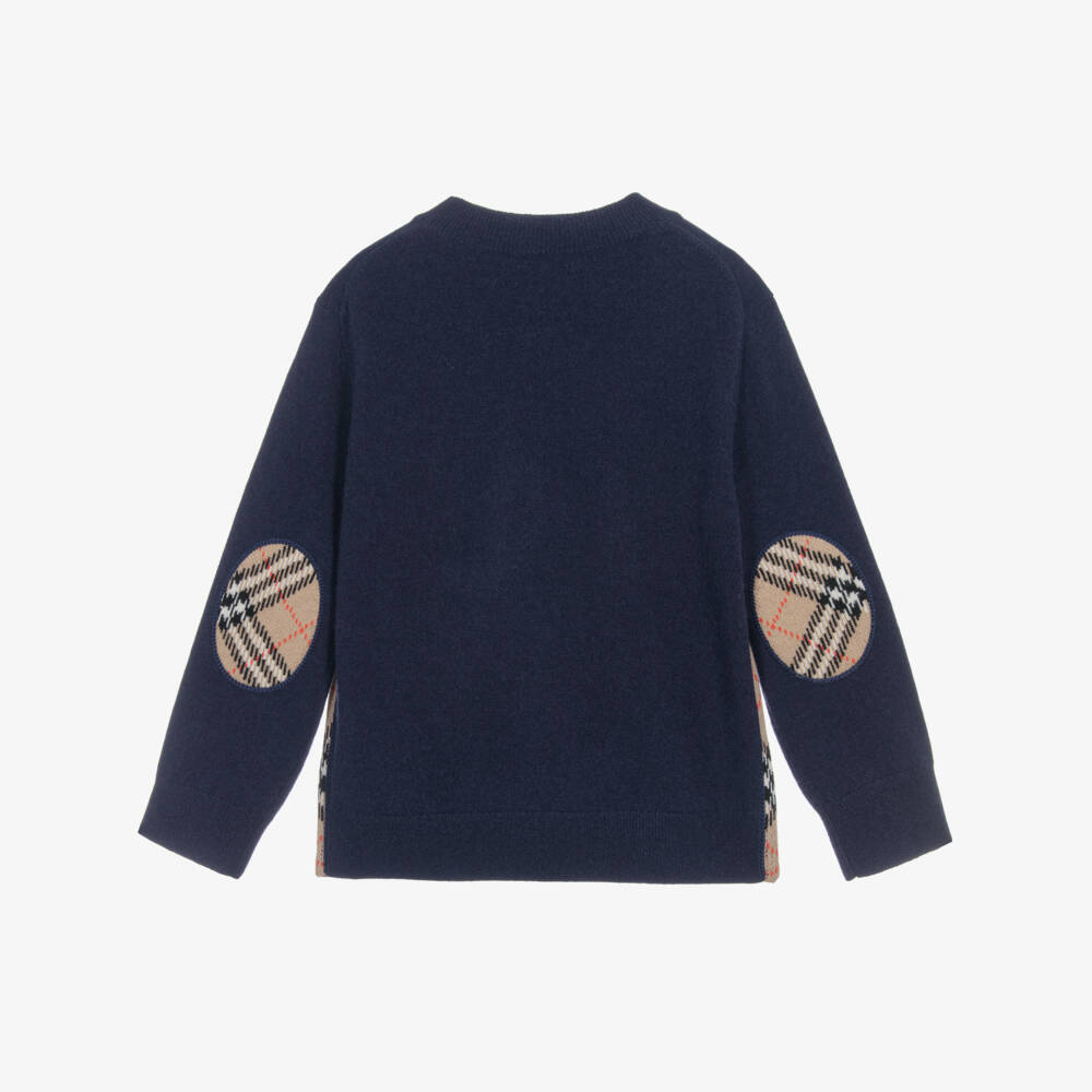 Burberry-Boys Navy Blue Check Elbow Patch Wool Jumper | Childrensalon Outlet