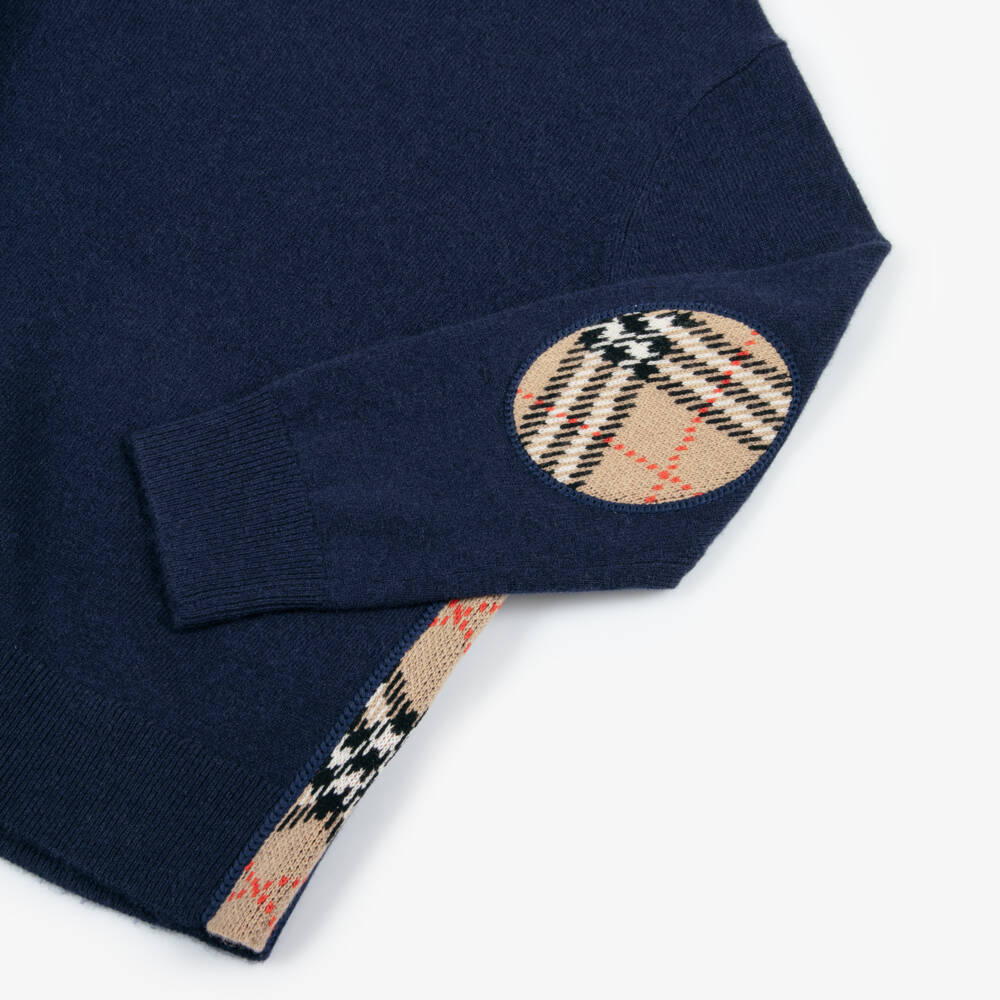 Burberry-Boys Navy Blue Check Elbow Patch Wool Jumper | Childrensalon Outlet