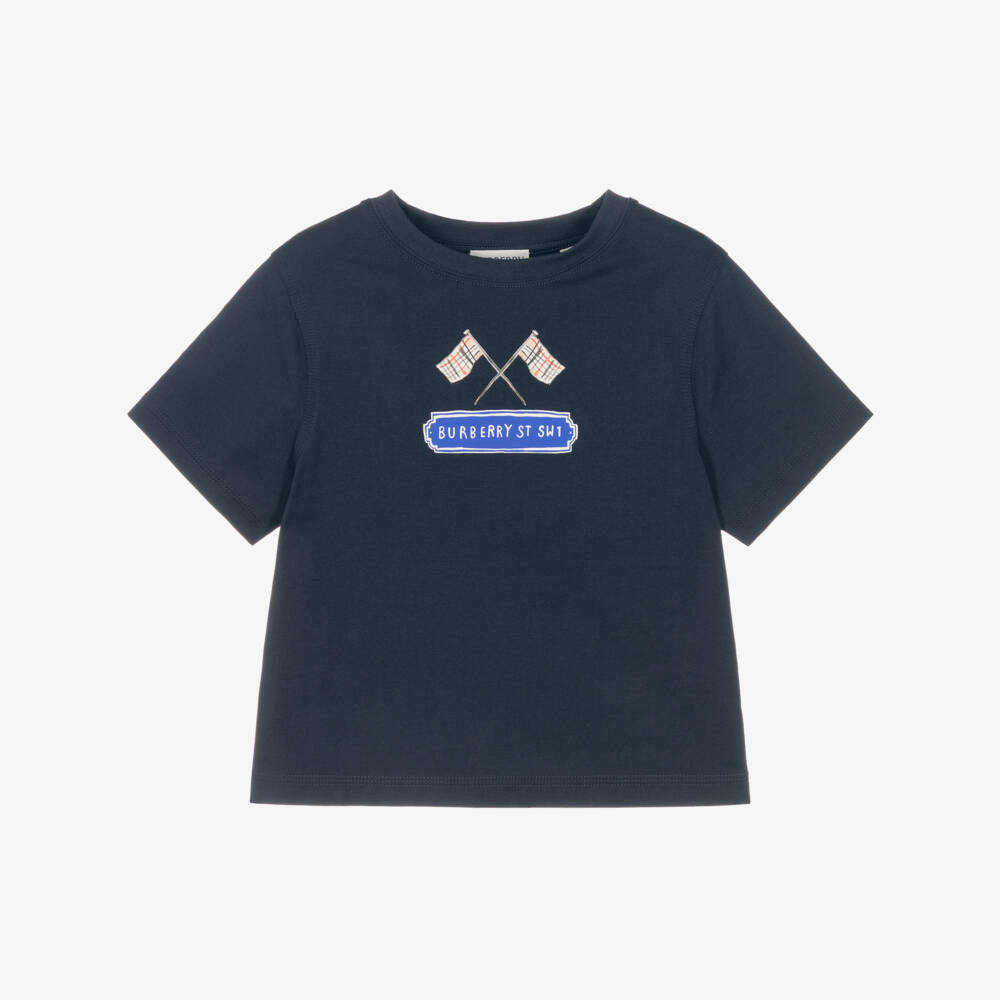 Burberry-Boys Navy Blue Cotton Checked Flag Logo T-Shirt | Childrensalon Outlet