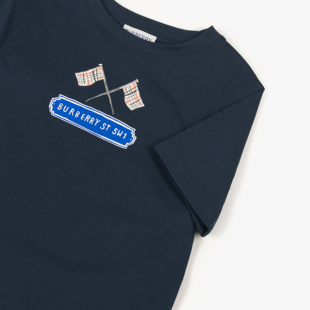 Burberry-Boys Navy Blue Cotton Checked Flag Logo T-Shirt | Childrensalon Outlet