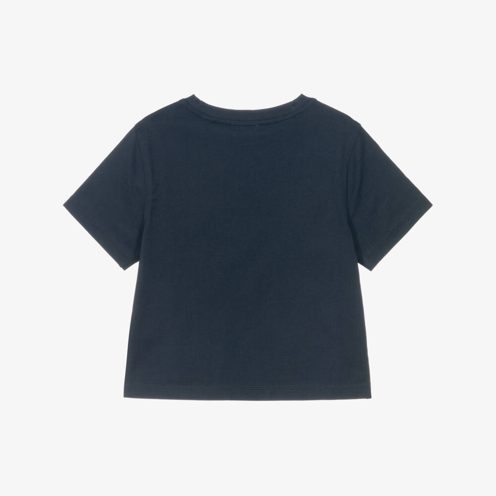 Burberry-Boys Navy Blue Cotton Checked Flag Logo T-Shirt | Childrensalon Outlet