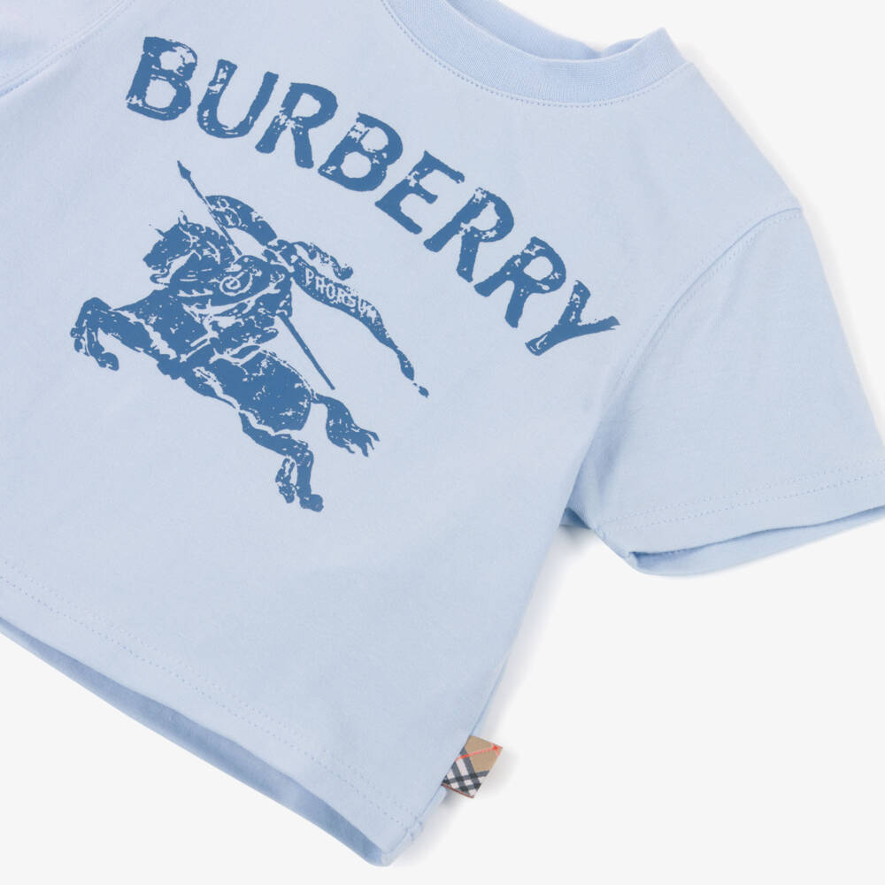 Burberry-Boys Pale Blue Cotton T-Shirt with Ink Stamp Style EKD Logo | Childrensalon Outlet