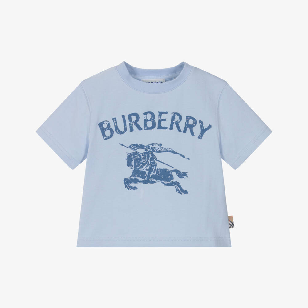 Burberry-Boys Pale Blue Cotton T-Shirt with Ink Stamp Style EKD Logo | Childrensalon Outlet