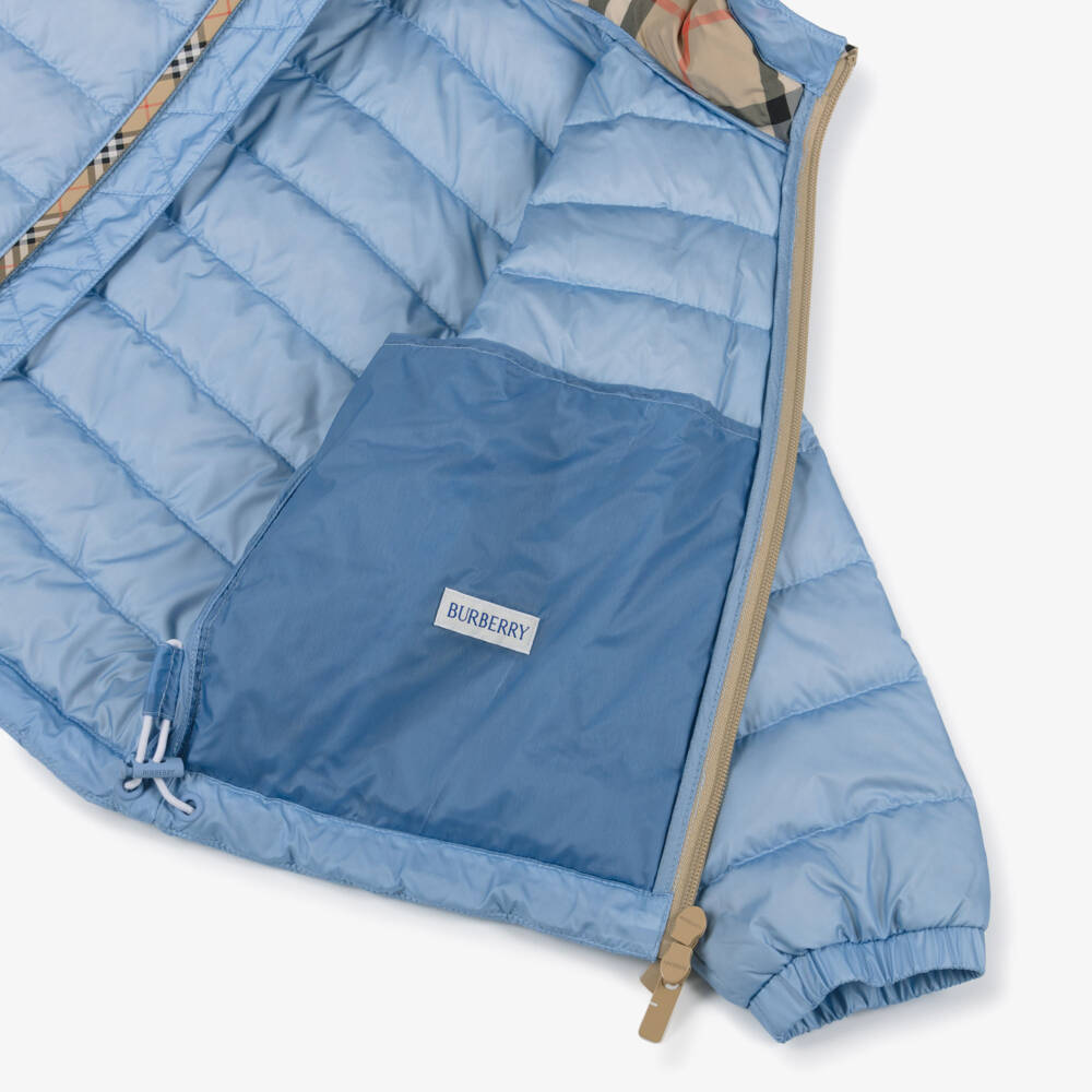 Burberry-Boys Pale Blue Down Puffer Jacket with Beige Check Trims | Childrensalon Outlet