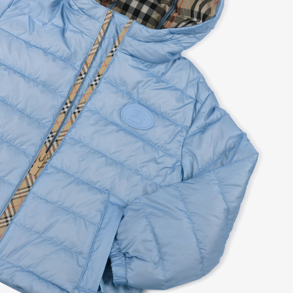 Burberry-Boys Pale Blue Down Puffer Jacket with Beige Check Trims | Childrensalon Outlet