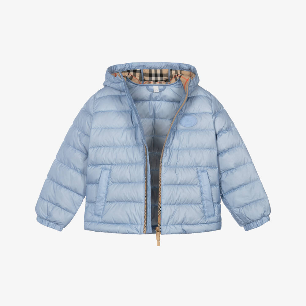 Burberry-Boys Pale Blue Down Puffer Jacket with Beige Check Trims | Childrensalon Outlet