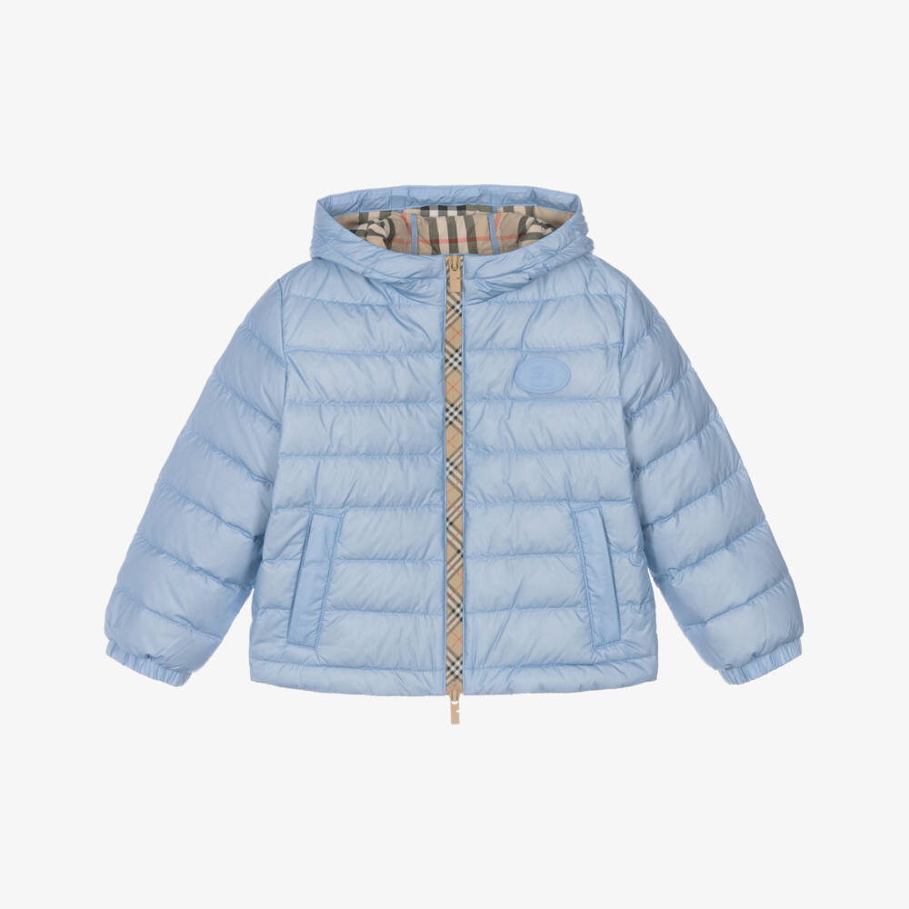 Burberry-Boys Pale Blue Down Puffer Jacket with Beige Check Trims | Childrensalon Outlet