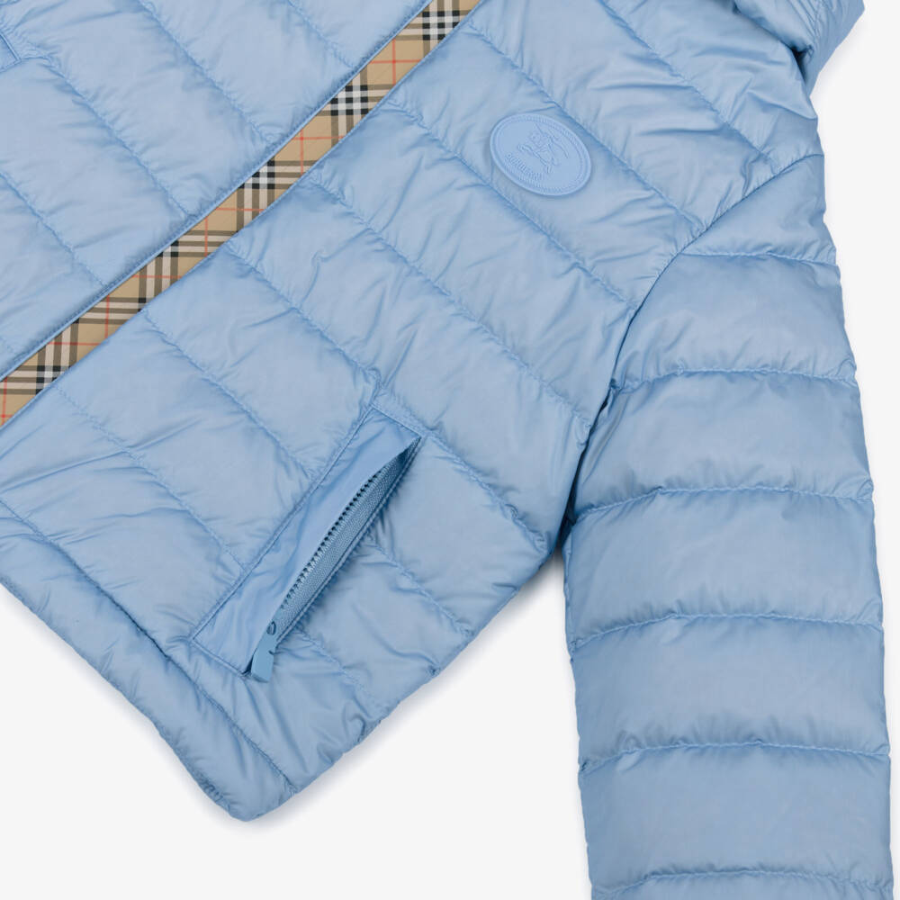 Burberry-Boys Pale Blue Down Puffer Jacket with Beige Check Trims | Childrensalon Outlet