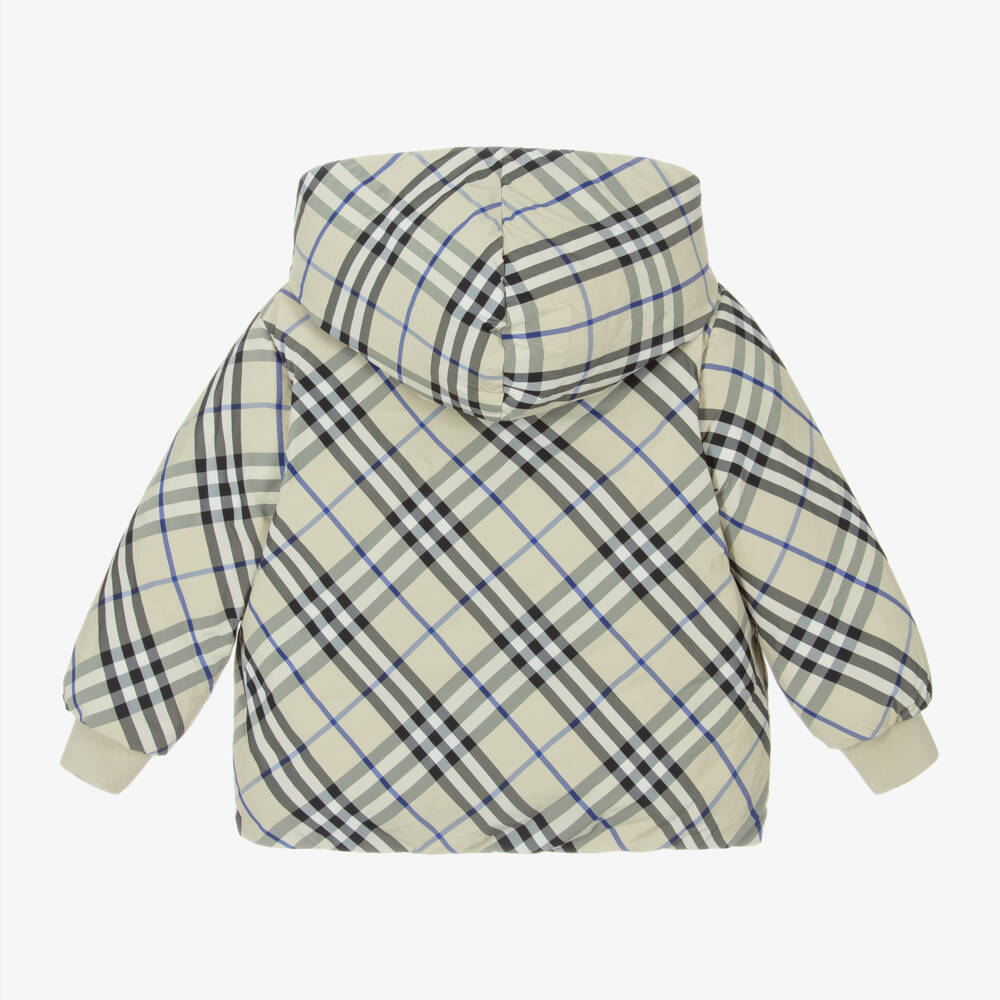 Burberry-Cерая двусторонняя куртка-пуховик в клетку для мальчиков | Childrensalon Outlet