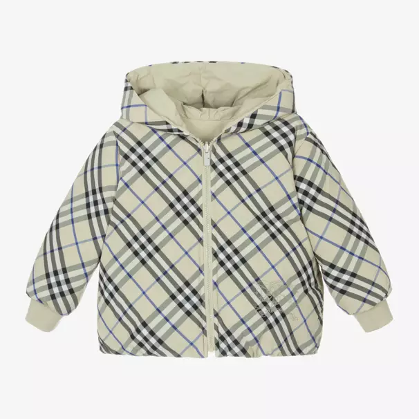 Burberry-Cерая двусторонняя куртка-пуховик в клетку для мальчиков | Childrensalon Outlet
