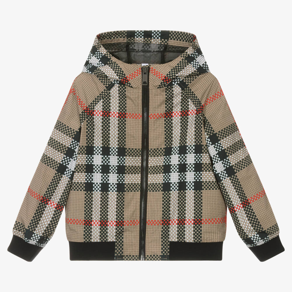 Burberry-Boys Sand-Tone Plaid Hooded Coat | Childrensalon Outlet