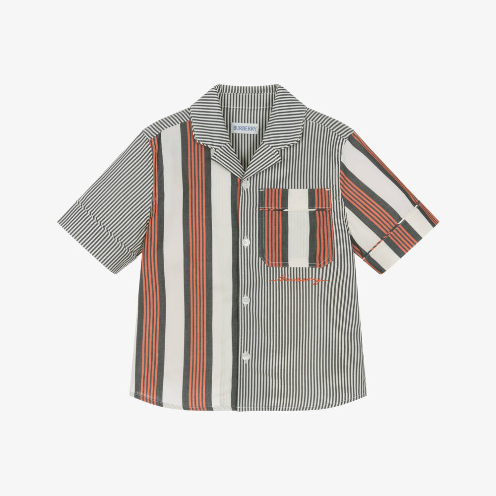 Burberry-Boys Striped Cotton Shirt in Black & Orange | Childrensalon Outlet