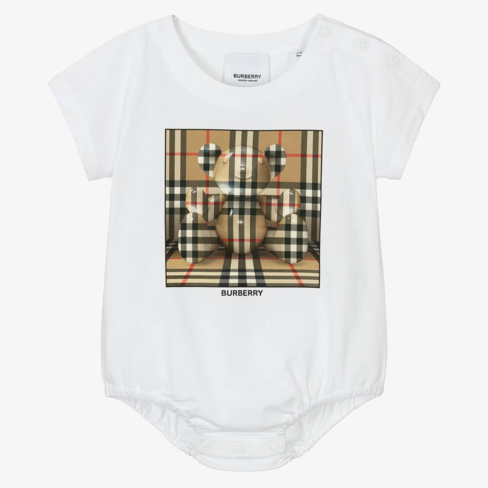 Burberry-Boys Teddy Print White Bodysuit | Childrensalon Outlet