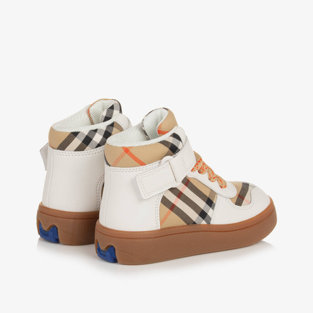 Burberry-Boys White Leather Checkered High-Tops | Childrensalon Outlet
