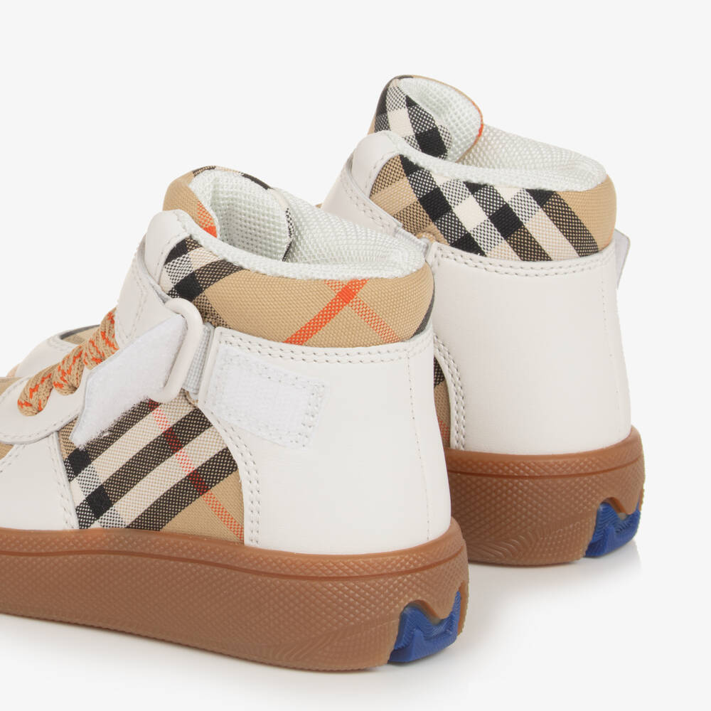 Burberry-Boys White Leather Checkered High-Tops | Childrensalon Outlet