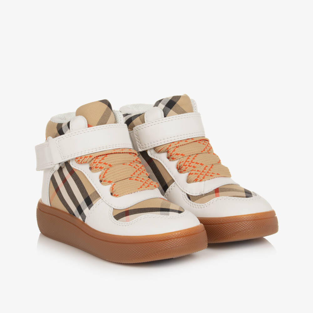 Burberry-Boys White Leather Checkered High-Tops | Childrensalon Outlet