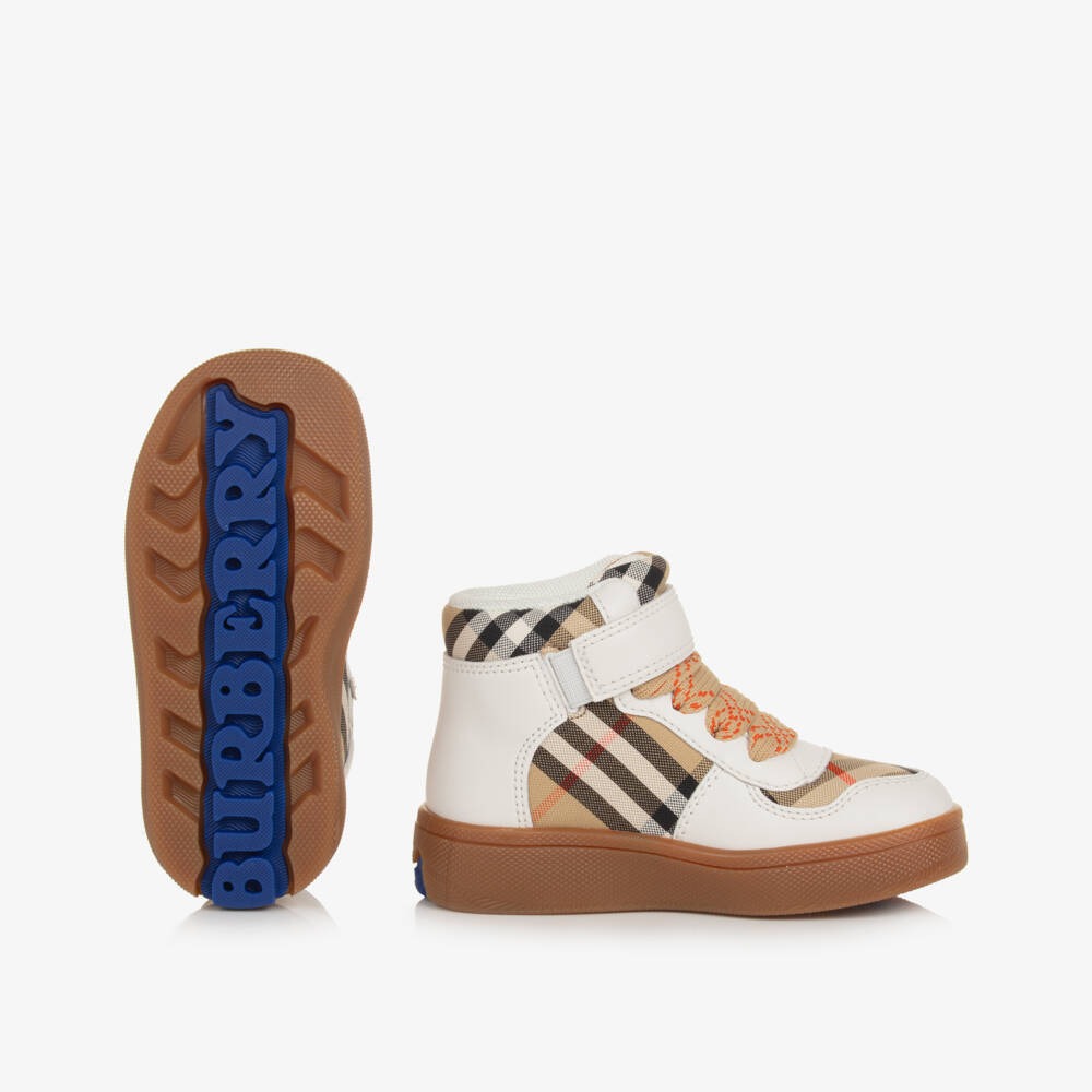 Burberry-Boys White Leather Checkered High-Tops | Childrensalon Outlet