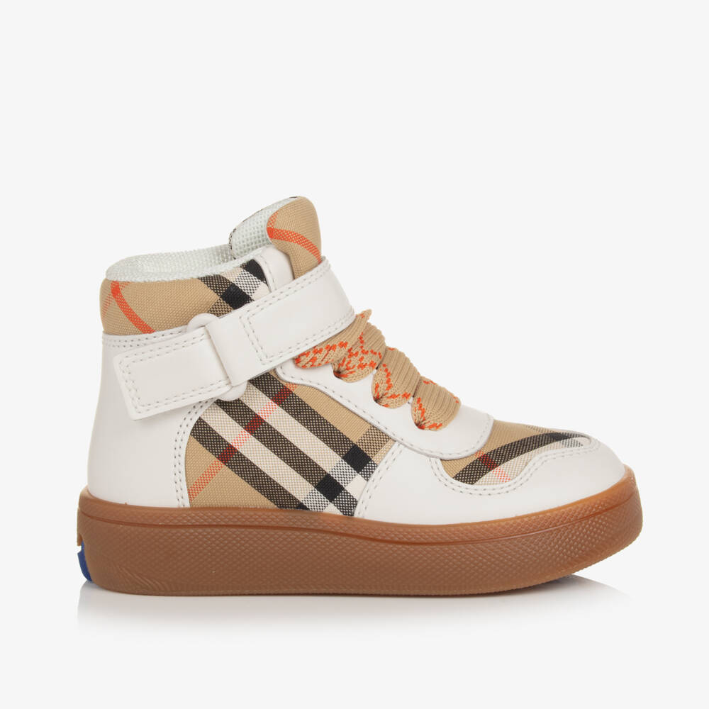 Burberry-Boys White Leather Checkered High-Tops | Childrensalon Outlet